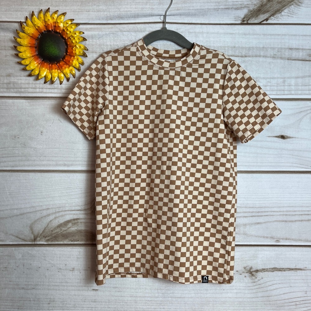 Rags Kids‎ Checkered Brown Cream T-Shirt Short Sleeve Cotton Blend Size 7/8
